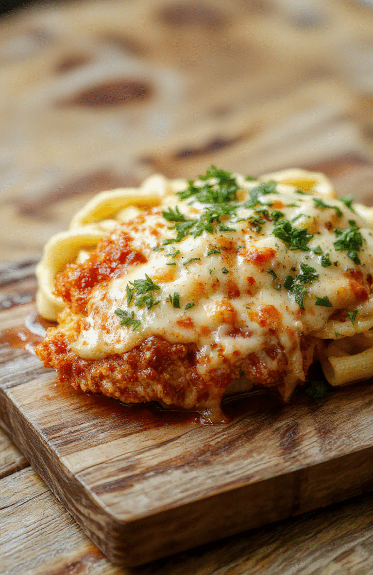 Golden-brown, crispy breaded chicken cutlets topped with rich marinara sauce and melted mozzarella and parmesan cheese, served over al dente Italian pasta in a white ceramic bowl, garnished with fresh basil leaves and a drizzle of extra-virgin olive oil, on a rustic wooden board.