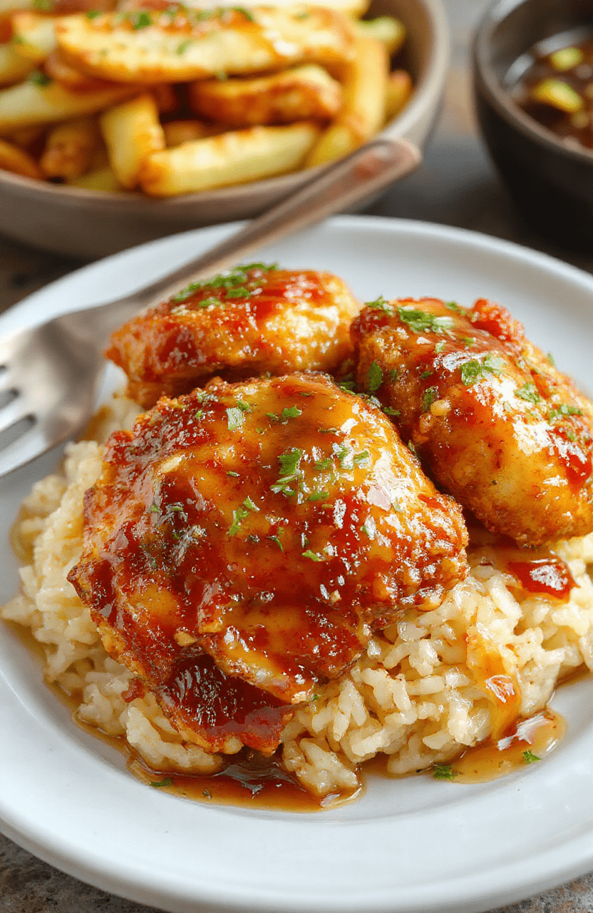 Golden-brown crispy chicken cutlets glistening with sticky honey butter glaze, served on a white ceramic plate beside fluffy white rice and lightly charred broccoli florets. Garnished with sesame seeds and sliced green onions, with a drizzle of honey visible around the edges. Natural light highlights the glossy, sticky texture and crisp edges.