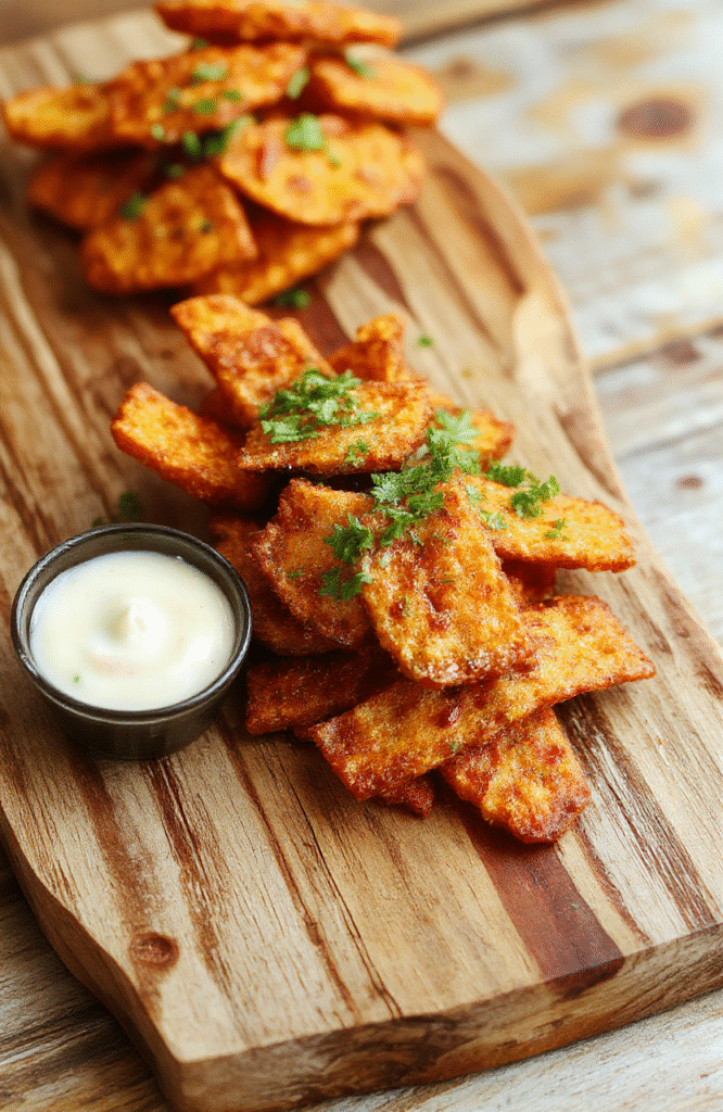 Golden-brown, uniformly cut sweet potato fries arranged in a rustic wooden bowl, lightly dusted with sea salt and parsley, with visible texture and crisp edges against a warm rustic wood background.