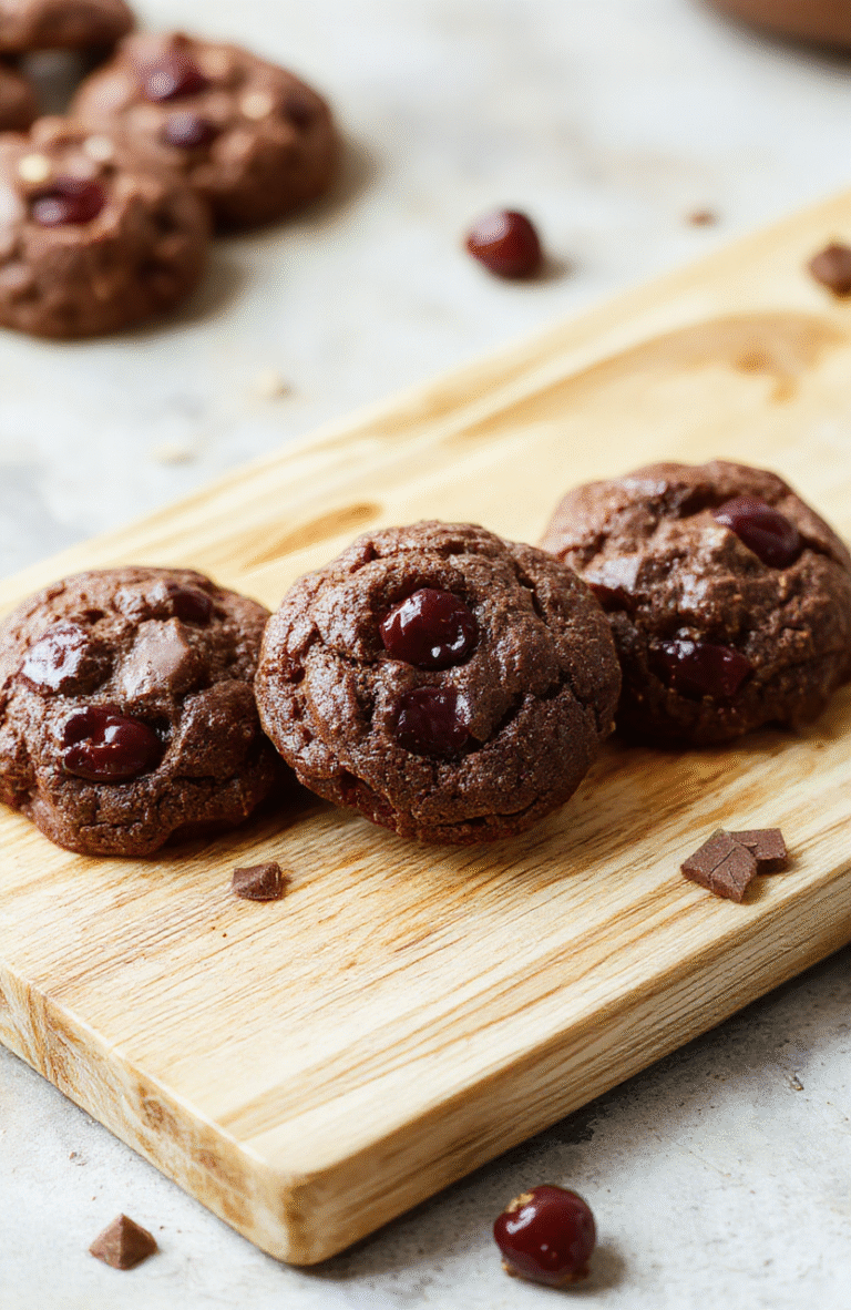 close-up of a rustic wooden board holding three soft, chewy chocolate cherry cookies with glossy dark chocolate chips, plump dried cherries bursting through the surface, dusted lightly with powdered sugar, resting on a vintage baker's linen towel in warm natural light