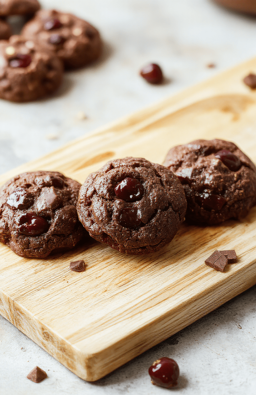 close-up of a rustic wooden board holding three soft, chewy chocolate cherry cookies with glossy dark chocolate chips, plump dried cherries bursting through the surface, dusted lightly with powdered sugar, resting on a vintage baker's linen towel in warm natural light