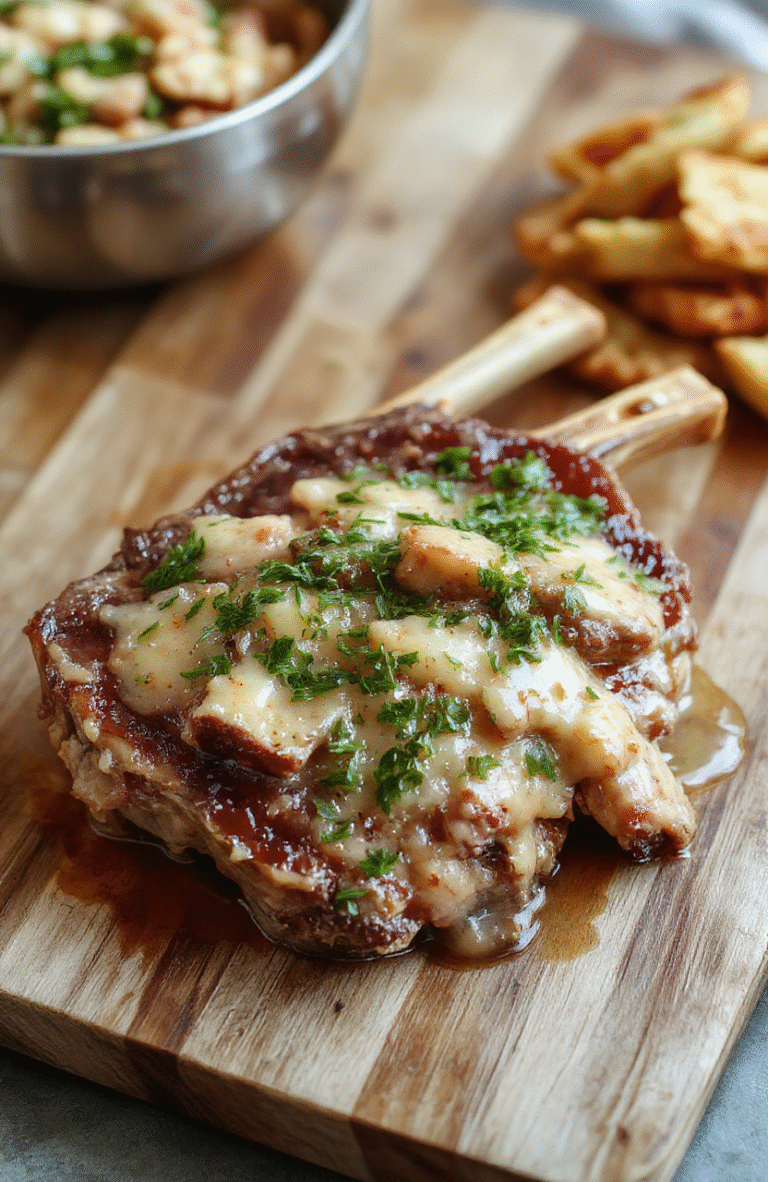 Golden-brown pork chops smothered in rich gravy with tender onions and mushrooms, nestled on a white ceramic plate with a side of mashed potatoes, garnished with fresh parsley, in soft natural light.