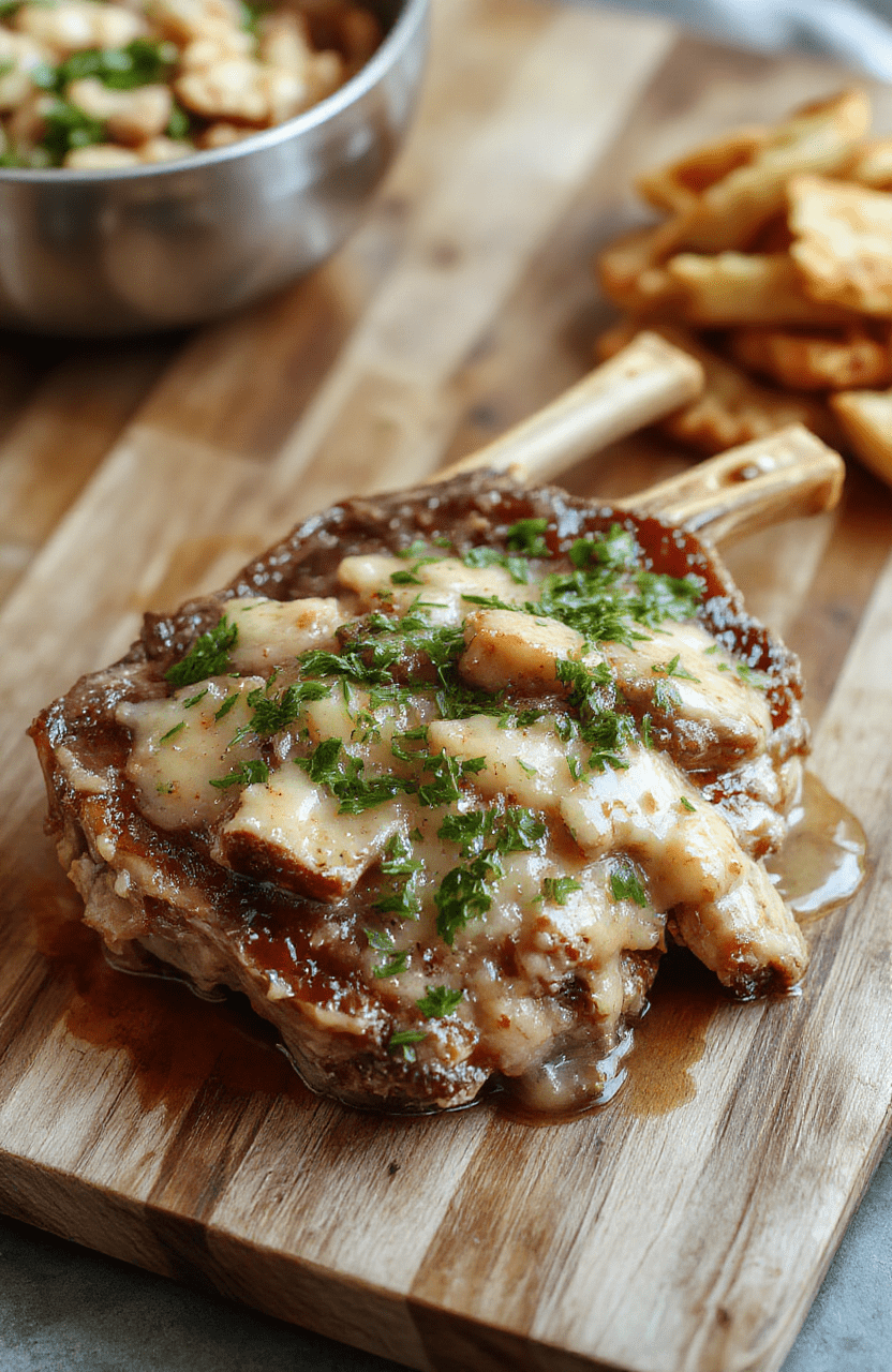 Golden-brown pork chops smothered in rich gravy with tender onions and mushrooms, nestled on a white ceramic plate with a side of mashed potatoes, garnished with fresh parsley, in soft natural light.