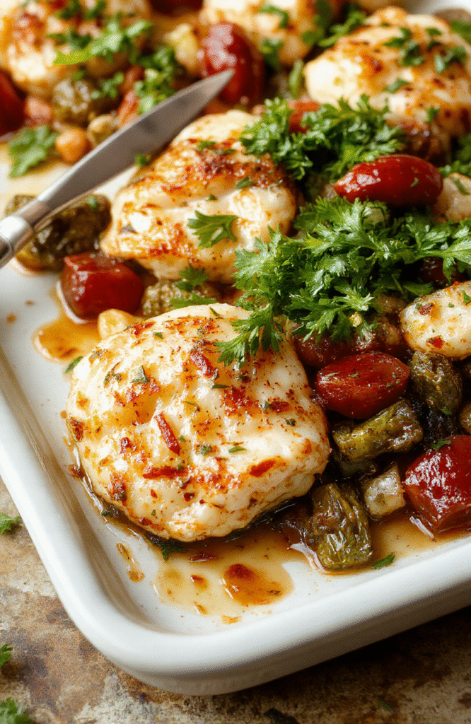 Colorful roasted vegetables and chickpeas on a shiny aluminum sheet pan, glistening with olive oil and fresh herbs, served in the pan with a lemon wedge and microgreens on the side, warm lighting, rustic wooden table surface, shallow depth of field.