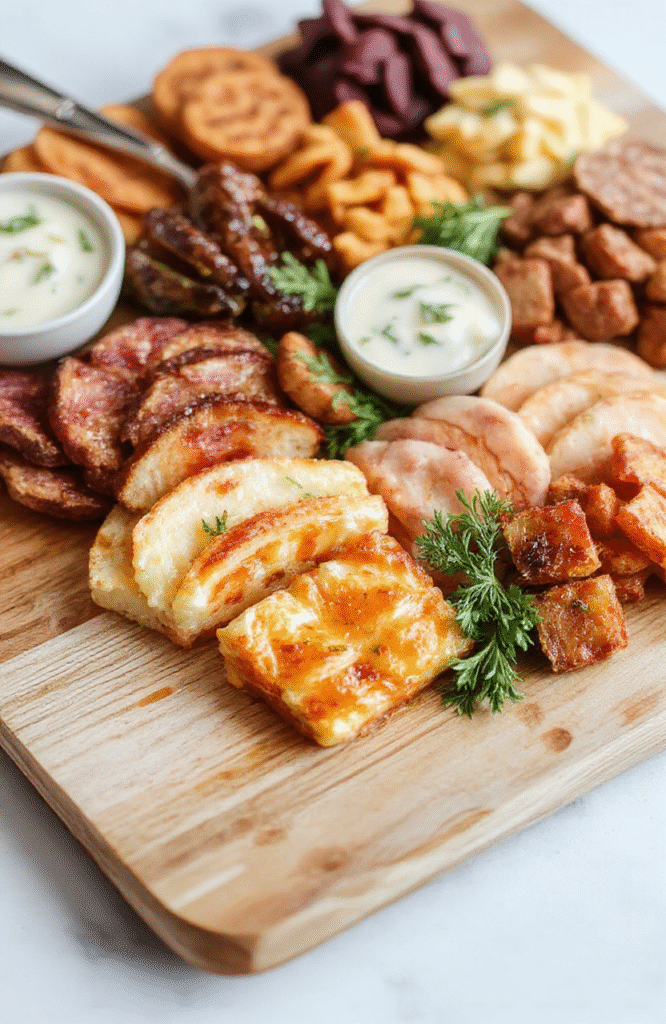 A rustic wooden board filled with an array of beginner-friendly charcuterie items: sliced prosciutto draped over soft brie, small bowls of mixed olives, honey drizzle, red and green grapes, crusty baguette slices, and crisp crackers, arranged simply and invitingly against a soft blurred background.