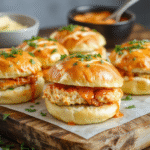 Three mini buffalo chicken sliders on a parchment-lined tray, glistening with spicy-sweet buffalo sauce, topped with crumbled blue cheese and fresh celery leaves, served on pillowy mini brioche buns with visible sesame seeds.