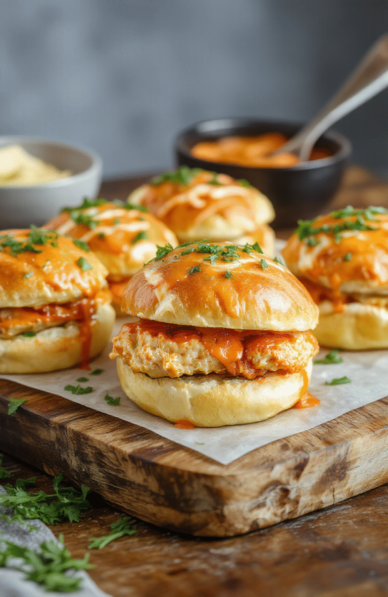 Three mini buffalo chicken sliders on a parchment-lined tray, glistening with spicy-sweet buffalo sauce, topped with crumbled blue cheese and fresh celery leaves, served on pillowy mini brioche buns with visible sesame seeds.