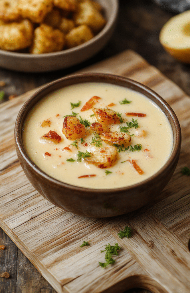 Creamy golden-yellow cheesy potato soup in a rustic ceramic bowl, garnished with shredded cheddar cheese, crispy fried onions, and fresh chives, steaming hot against a light wooden table with soft natural lighting.
