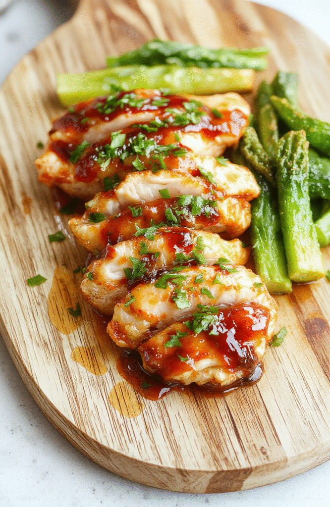 Grilled chicken thighs glazed with glossy golden-brown teriyaki sauce, served over steamed white rice with sesame seeds and sliced green onions, garnished with pickled ginger and a side of steamed broccoli spears on a rustic wooden cutting board in natural daylight.