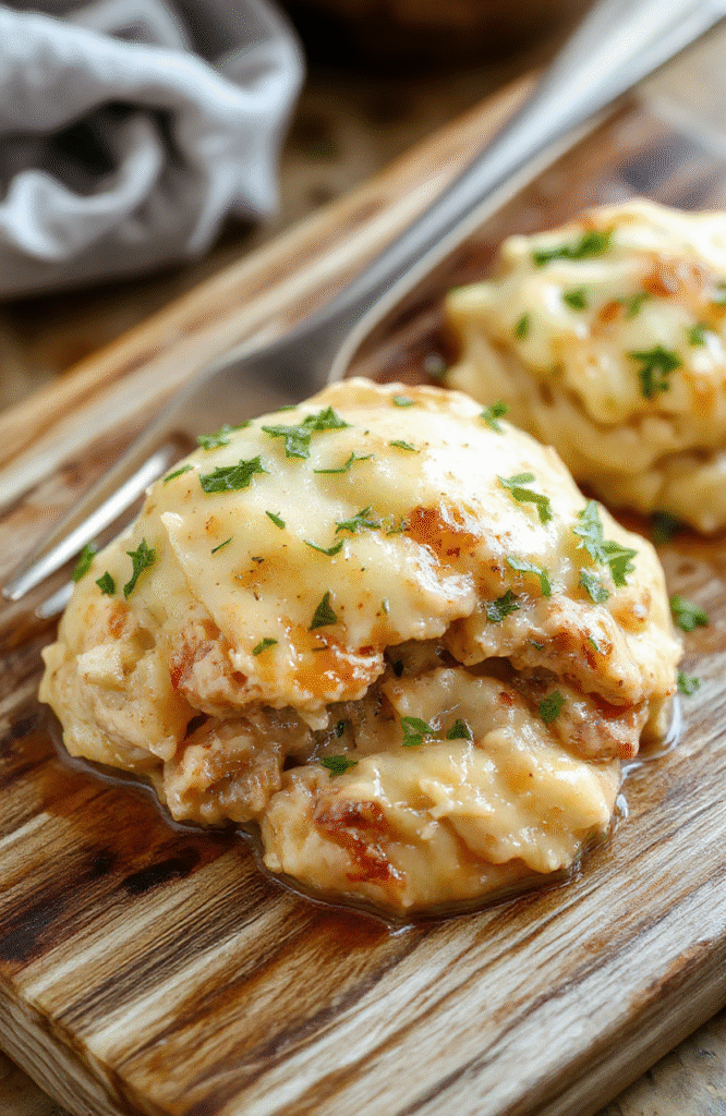 A rustic ceramic bowl filled with tender shredded chicken in a creamy, golden-brown broth, topped with fluffy, pillowy homemade dumplings, garnished with fresh parsley, served on a wooden table with soft lighting and subtle steam rising.