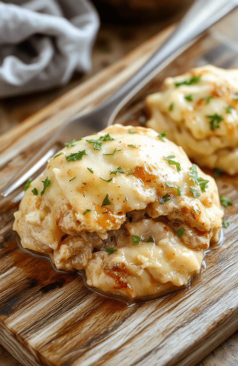 A rustic ceramic bowl filled with tender shredded chicken in a creamy, golden-brown broth, topped with fluffy, pillowy homemade dumplings, garnished with fresh parsley, served on a wooden table with soft lighting and subtle steam rising.