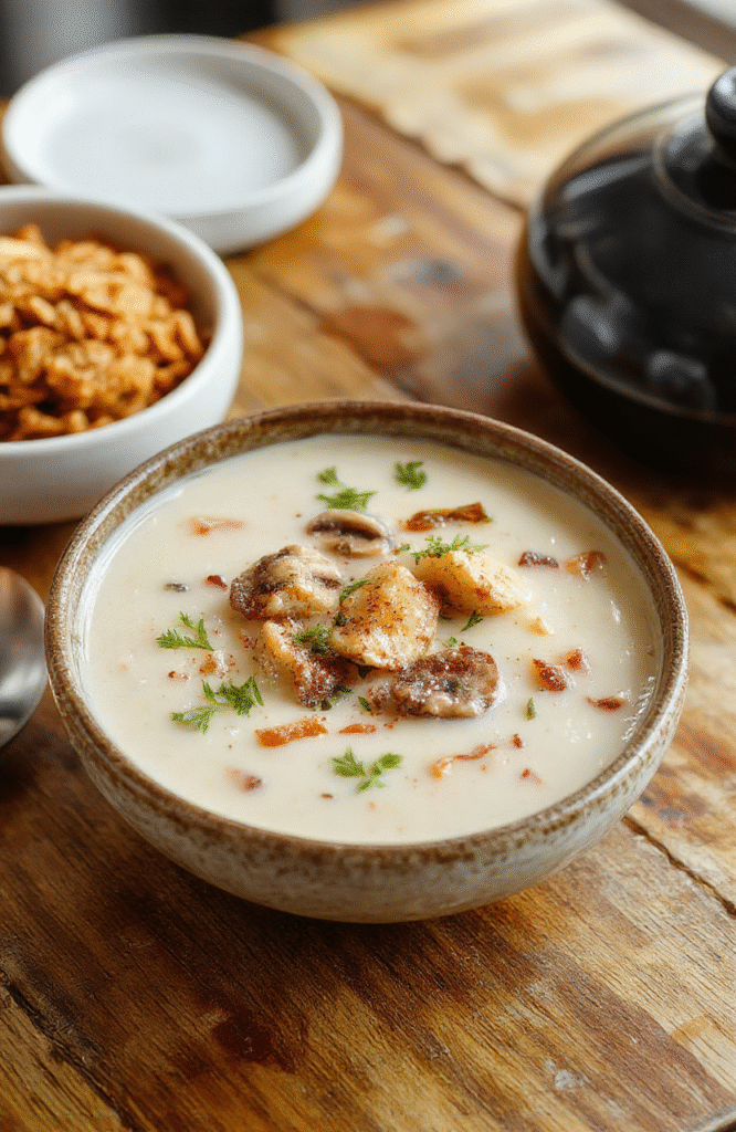 A steaming bowl of rich, creamy mushroom soup garnished with fresh parsley and a light swirl of heavy cream, served in a rustic ceramic bowl on a wooden tabletop with soft natural light and subtle shadows.