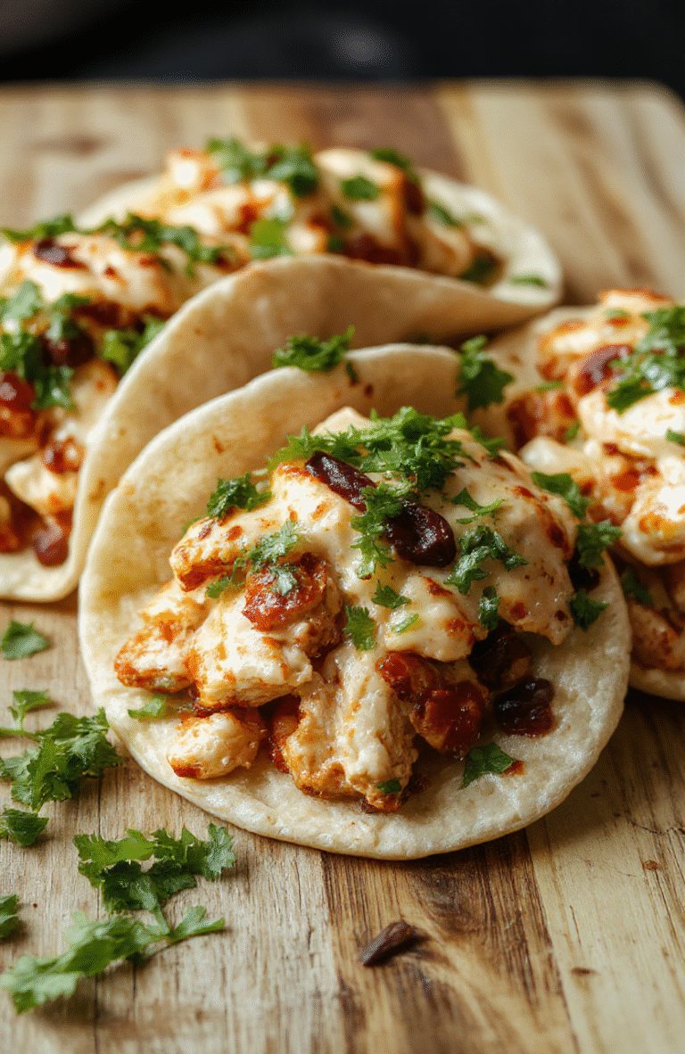 Freshly shredded rotisserie-style chicken in golden-white tones, nestled in warm soft corn and flour tortillas, topped with vibrant purple cabbage slaw, diced tomatoes, cilantro, and a squeeze of lime. Light steam rises from the chicken, and a drizzle of creamy avocado crema glistens. Rustic wooden cutting board surface, natural daylight, shallow depth of field, clean and inviting amateur food photo style.