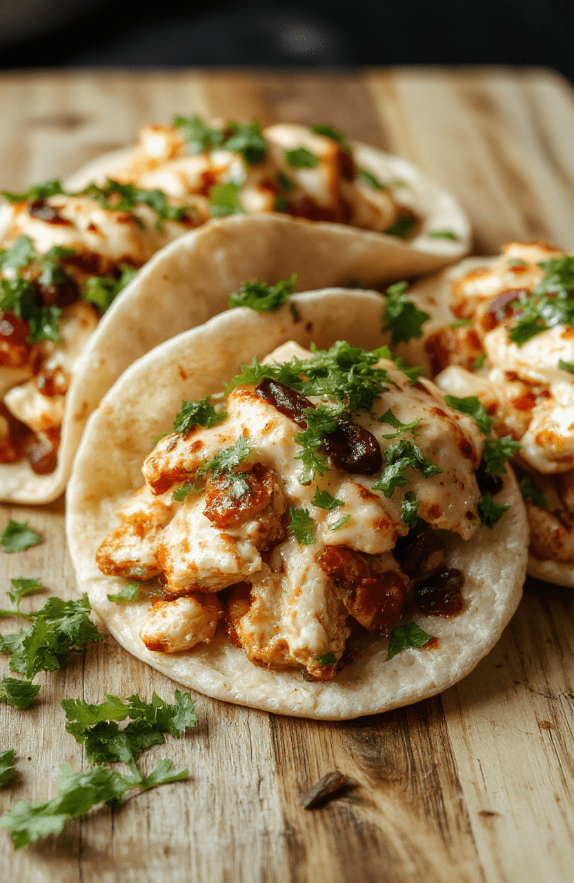 Freshly shredded rotisserie-style chicken in golden-white tones, nestled in warm soft corn and flour tortillas, topped with vibrant purple cabbage slaw, diced tomatoes, cilantro, and a squeeze of lime. Light steam rises from the chicken, and a drizzle of creamy avocado crema glistens. Rustic wooden cutting board surface, natural daylight, shallow depth of field, clean and inviting amateur food photo style.