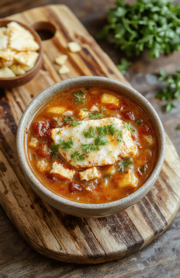 A steaming bowl of hearty chicken tortilla soup with tender shredded chicken, black beans, diced tomatoes, corn, and meltedched cheese, garnished with fresh cilantro, avocado slices, and crispy tortilla strips. The soup has a vibrant red broth and is served in a white ceramic bowl against a rustic wooden table with natural daylight.