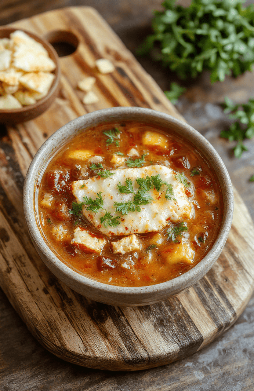 A steaming bowl of hearty chicken tortilla soup with tender shredded chicken, black beans, diced tomatoes, corn, and meltedched cheese, garnished with fresh cilantro, avocado slices, and crispy tortilla strips. The soup has a vibrant red broth and is served in a white ceramic bowl against a rustic wooden table with natural daylight.