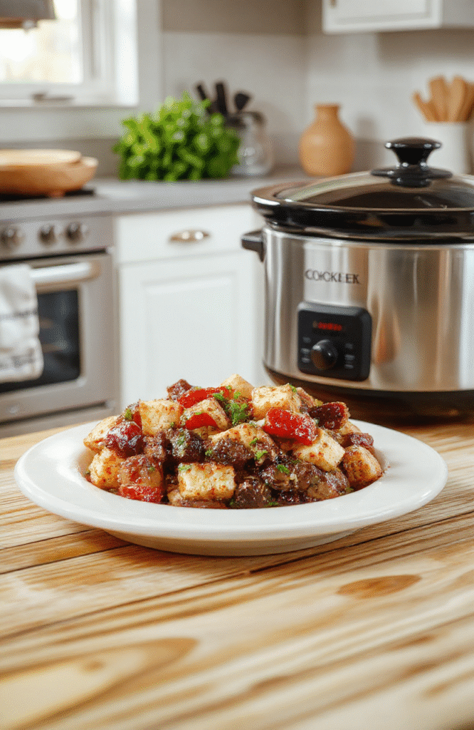 A rustic ceramic crockpot on a wooden kitchen counter steaming with tender shredded chicken in savory broth with golden carrots, potatoes, and fresh parsley, served in a white oven-safe bowl next to crusty bread, soft natural daylight, shallow depth of field, clean and cozy backdrop.