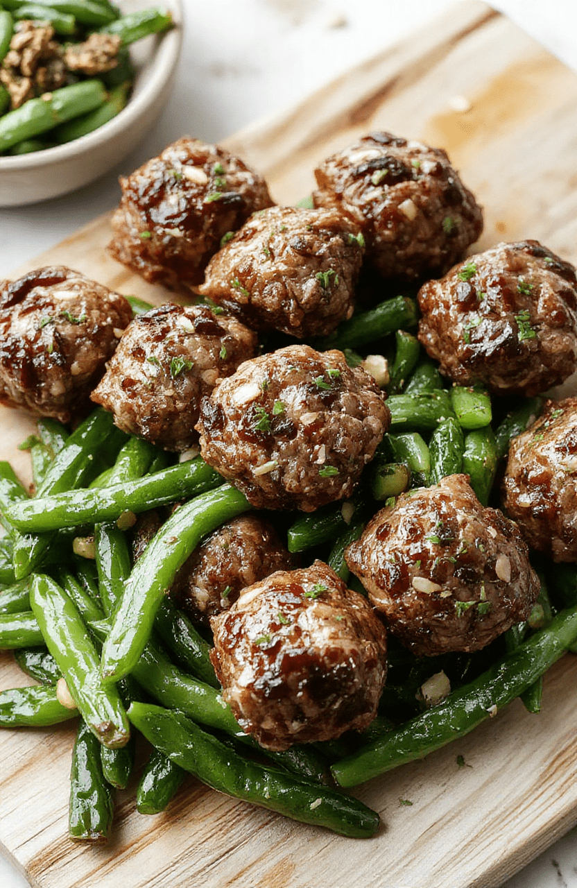 Glossy amber-brown Mongolian meatballs glistening with sweet-savory sauce, nestled beside crisp-tender garlic green beans on a white ceramic plate, garnished with sesame seeds and sliced green onions, against a light wooden cutting board background with soft shadows
