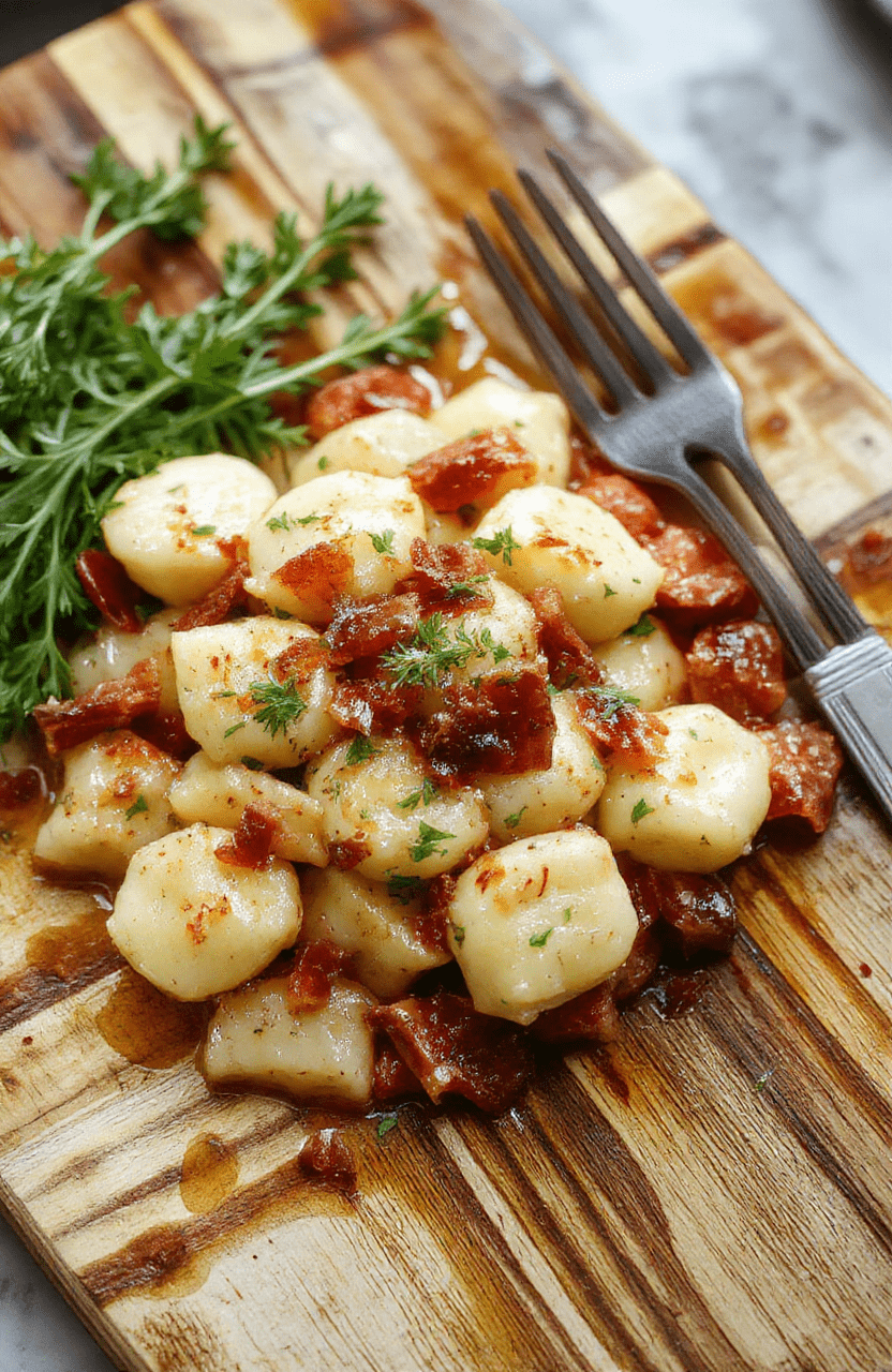 Golden-brown gnocchi piled in a shallow ceramic skillet, topped with crispy pancetta bits, fresh sage leaves, and a scattering of sautéed sauerkraut with subtle char edges. Steam rises gently. Dark wood tabletop surface with soft natural light and warm shadows.