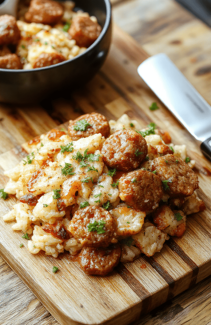 A steaming rustic ceramic bowl filled with fluffy white rice, browned Italian sausage slices, sautéed onions, green bell peppers, and garlic, garnished with fresh parsley.