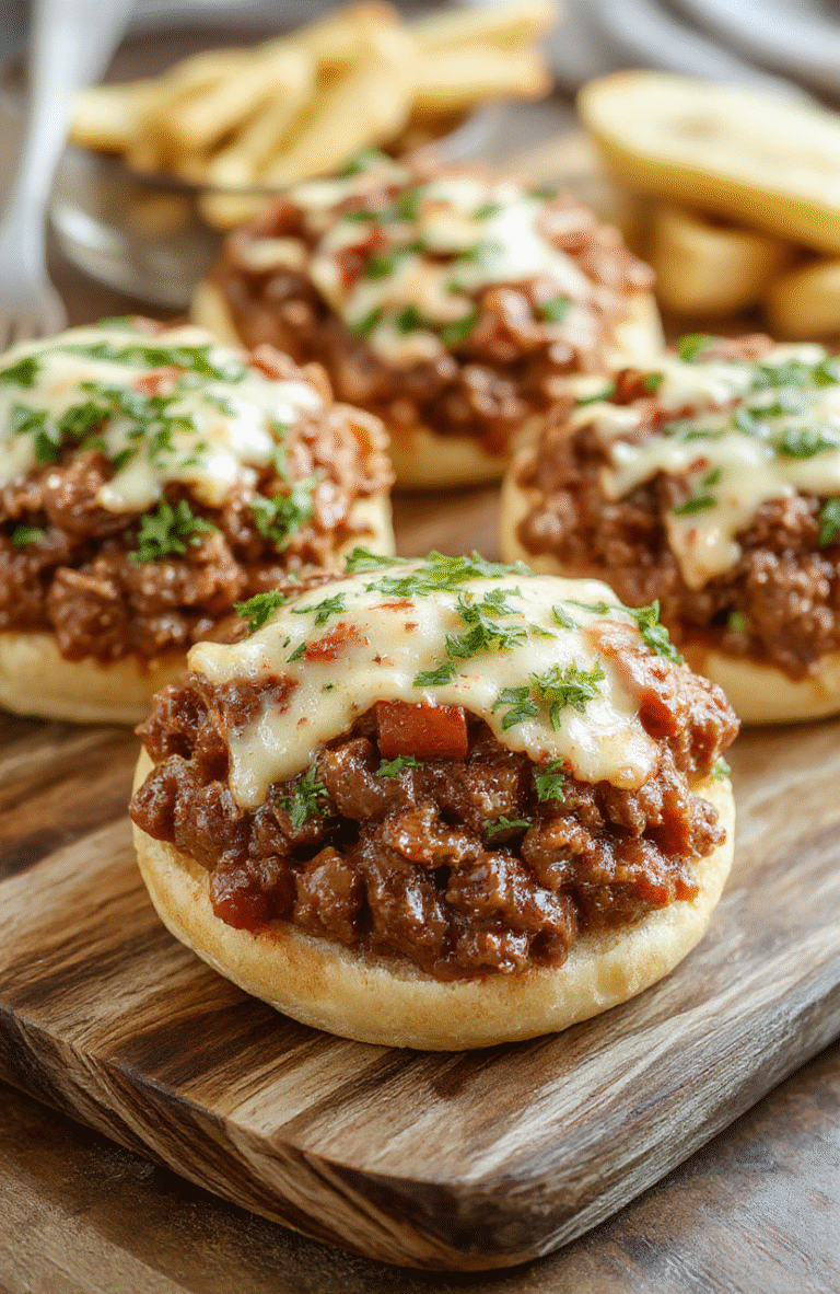 Hearty Sloppy Joe-style ground beef mixture topped with melted provolone and cheddar cheese, served on toasted soft sandwich buns with caramelized onions and green peppers, on a white ceramic plate with subtle steam rising—vibrant brown and golden hues with fresh garnish of chopped parsley.