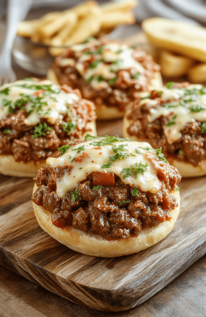 Hearty Sloppy Joe-style ground beef mixture topped with melted provolone and cheddar cheese, served on toasted soft sandwich buns with caramelized onions and green peppers, on a white ceramic plate with subtle steam rising—vibrant brown and golden hues with fresh garnish of chopped parsley.