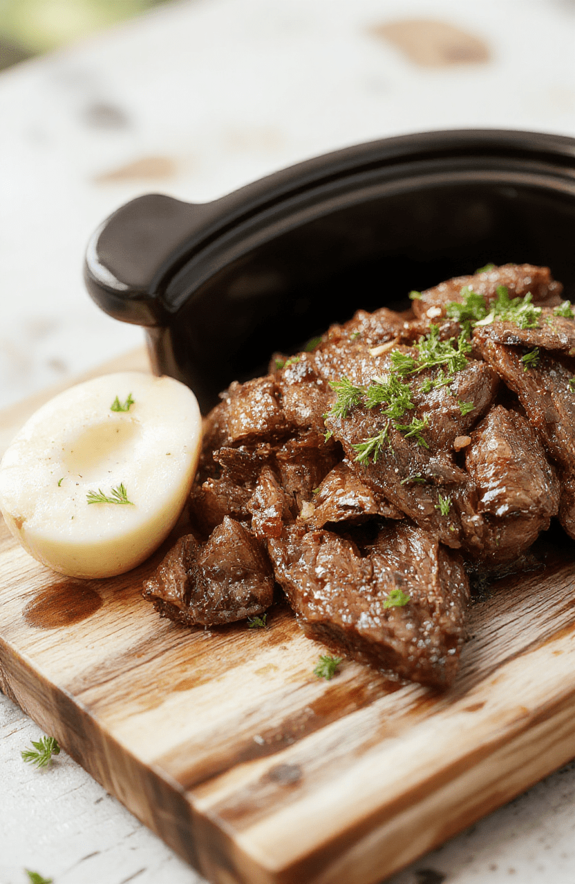 A rustic ceramic crock with a thick, slow-cooked pot roast resting in a bed of caramelized carrots and potatoes, bathed in rich brown gravy with sprigs of fresh thyme, steam rising, close-up on a wooden table with soft natural light and subtle shadows.