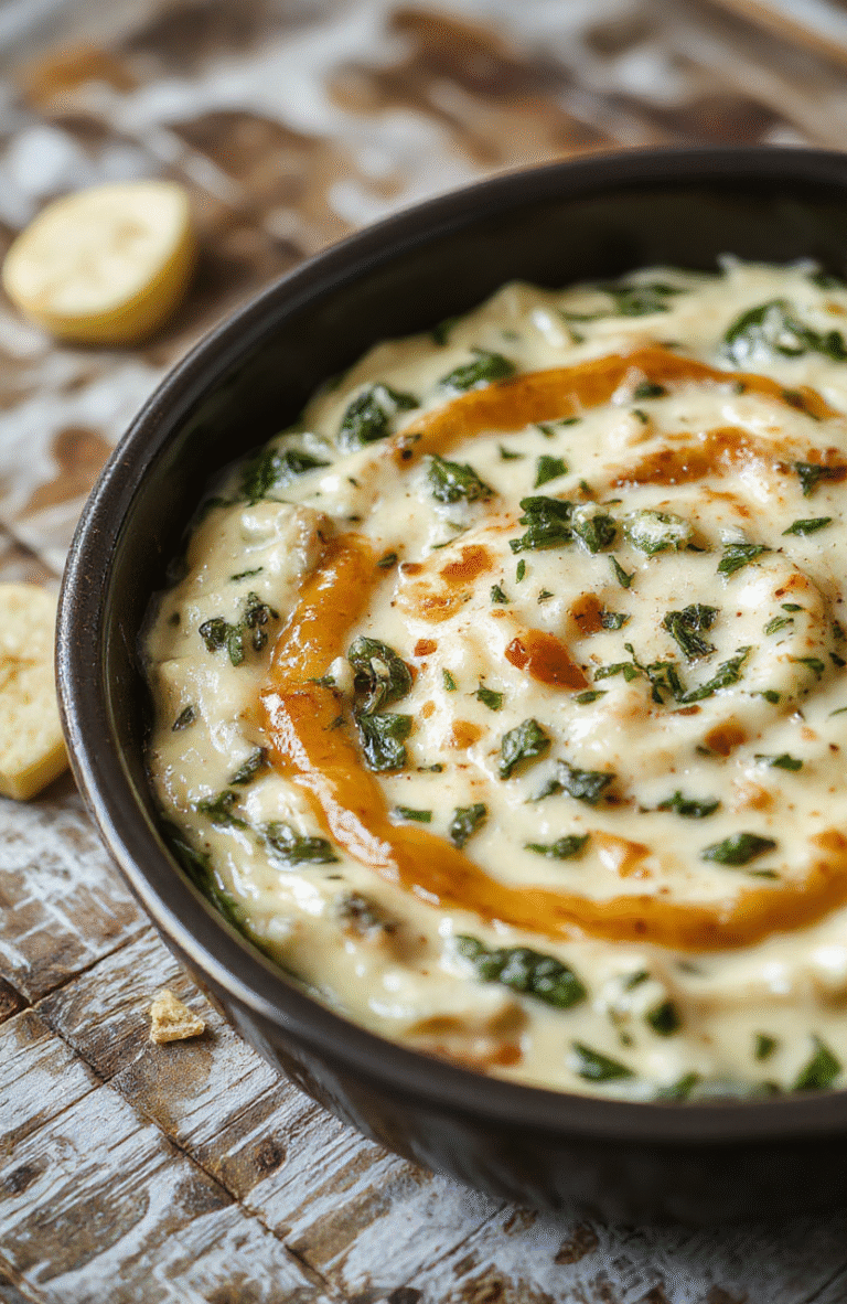 A rustic ceramic crock filled with creamy, golden-brown spinach artichoke dip, glistening with melted cheese, topped with fresh chopped spinach, artichoke hearts, and a hint of garlic, served in a cozy kitchen setting with wooden spoon and fresh herbs nearby.