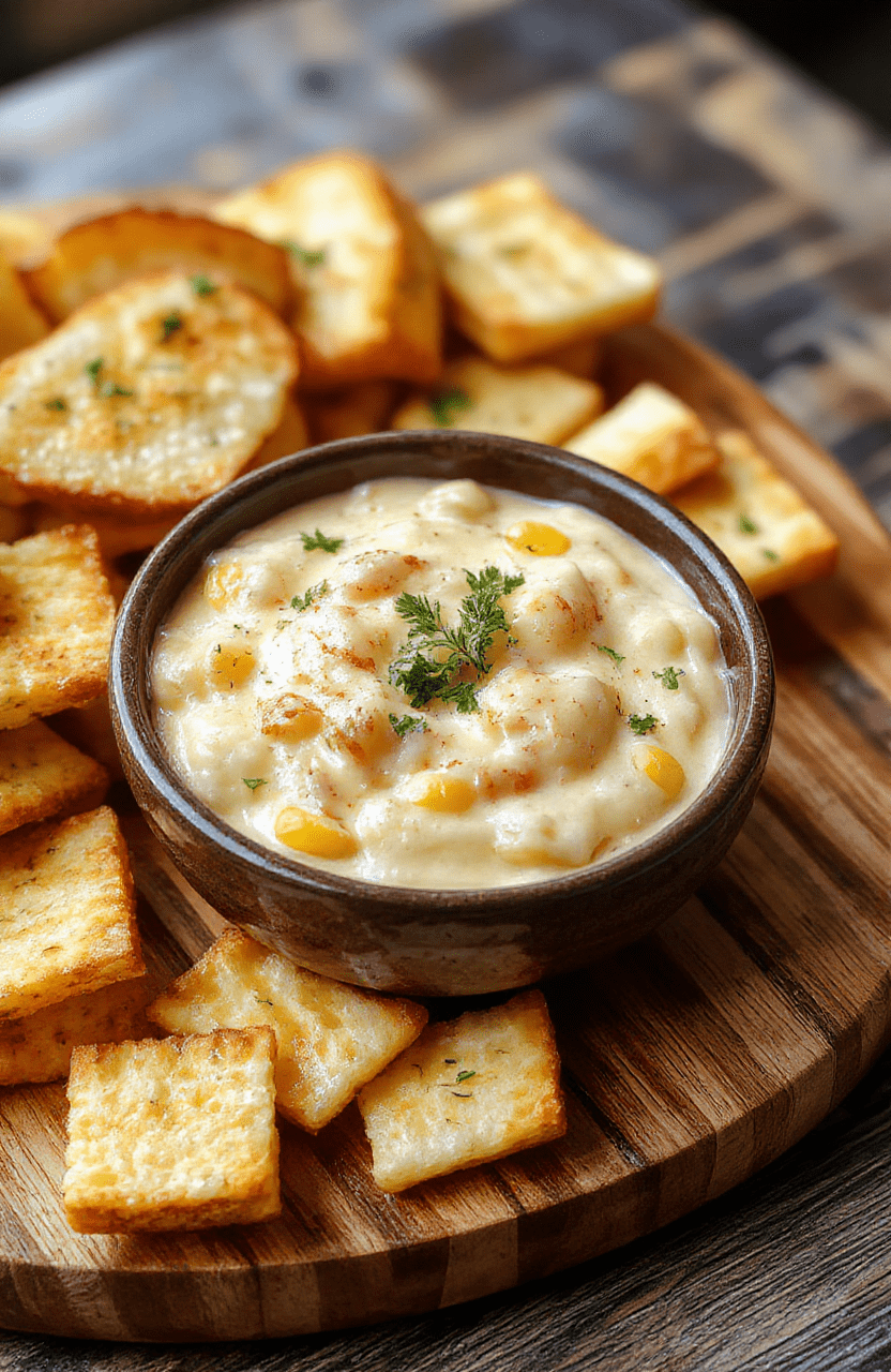 A rustic ceramic bowl filled with vibrant, creamy golden-yellow corn dip, topped with generous shredded cheddar cheese, a sprinkle of fresh green onions, and visible chunks of roasted corn kernels. The dip is glossy with melted cheese, slightly bubbled on top, and sits on a wooden cutting board with a tortilla chip resting on the edge.