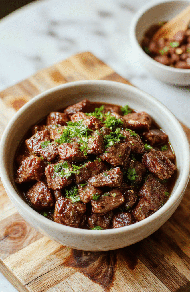A colorful Korean beef bowl served in a rustic ceramic bowl: tender beef strips glistening with savory-sweet gochujang glaze, over steamed white rice, topped with sliced scallions, sesame seeds, and quick-pickled cucumbers, with a soft-boiled egg halved on the side.
