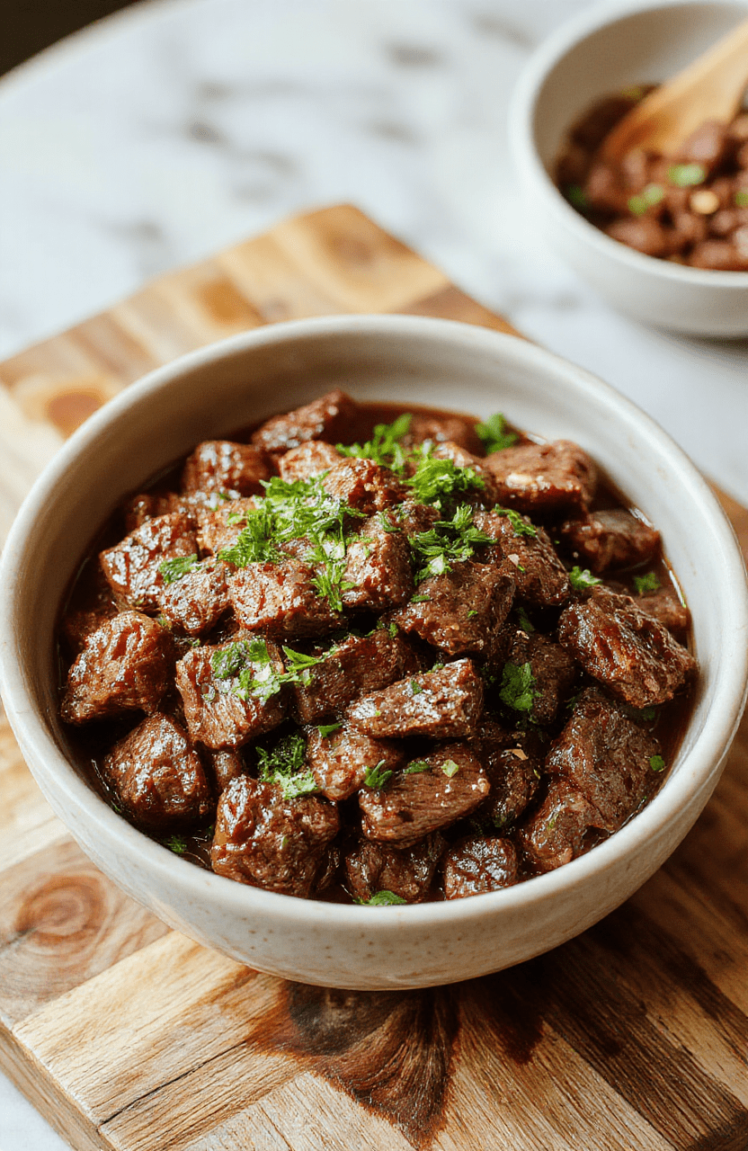 A colorful Korean beef bowl served in a rustic ceramic bowl: tender beef strips glistening with savory-sweet gochujang glaze, over steamed white rice, topped with sliced scallions, sesame seeds, and quick-pickled cucumbers, with a soft-boiled egg halved on the side.