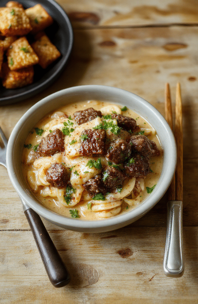 Pan-seared beef tips in rich, glossy brown sauce, nestled atop creamy buttered egg noodles on a white ceramic plate, garnished with fresh parsley, soft steam rising, natural light, shallow depth of field.