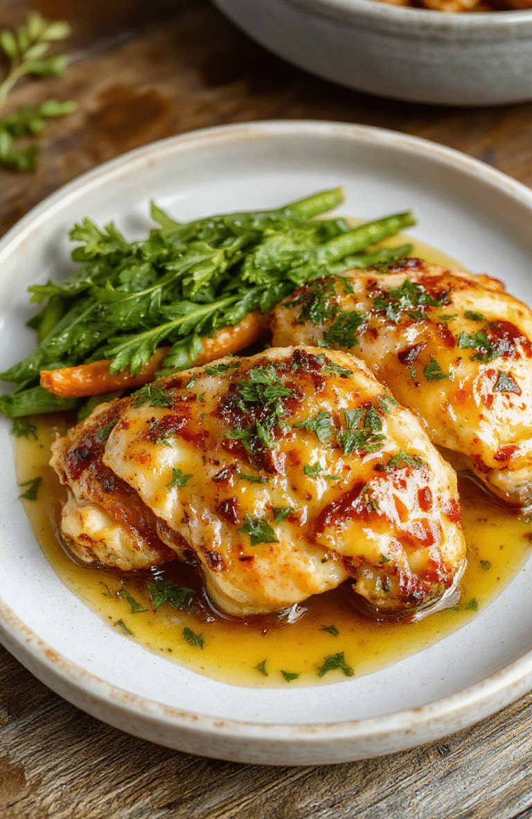 Golden-brown seared chicken thighs glistening with glossy garlic butter sauce, resting on a rustic ceramic plate with lightly charred lemon wedges and fresh parsley sprigs, served alongside roasted baby potatoes with crispy edges.