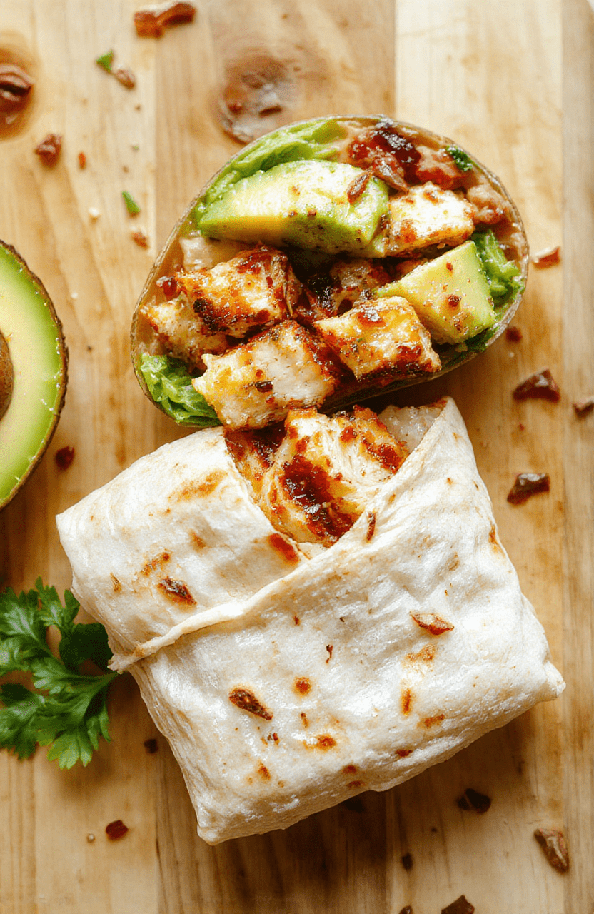 Fresh healthy chicken avocado wrap resting on a rustic wooden cutting board, green avocado slices and shredded grilled chicken visible through a slightly translucent whole wheat tortilla, garnished with cherry tomatoes and fresh cilantro, natural light casting soft shadows, minimal styling with no extra utensils