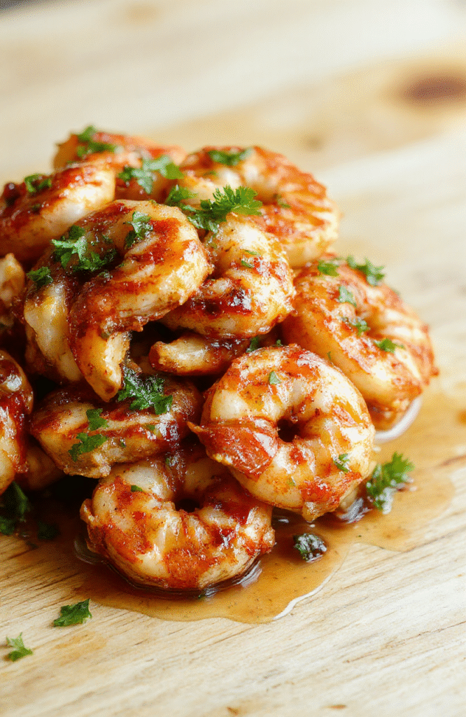 Juicy pink and orange shrimp glazed with glossy honey garlic sauce, lightly charred edges, served on a white ceramic plate alongside fresh green chopped parsley and lemon wedge, placed on a light oak wooden table.