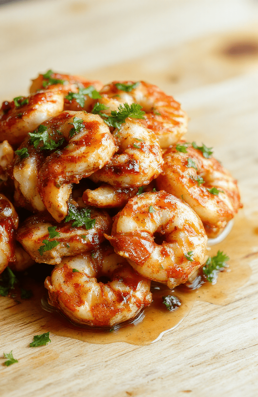 Juicy pink and orange shrimp glazed with glossy honey garlic sauce, lightly charred edges, served on a white ceramic plate alongside fresh green chopped parsley and lemon wedge, placed on a light oak wooden table.