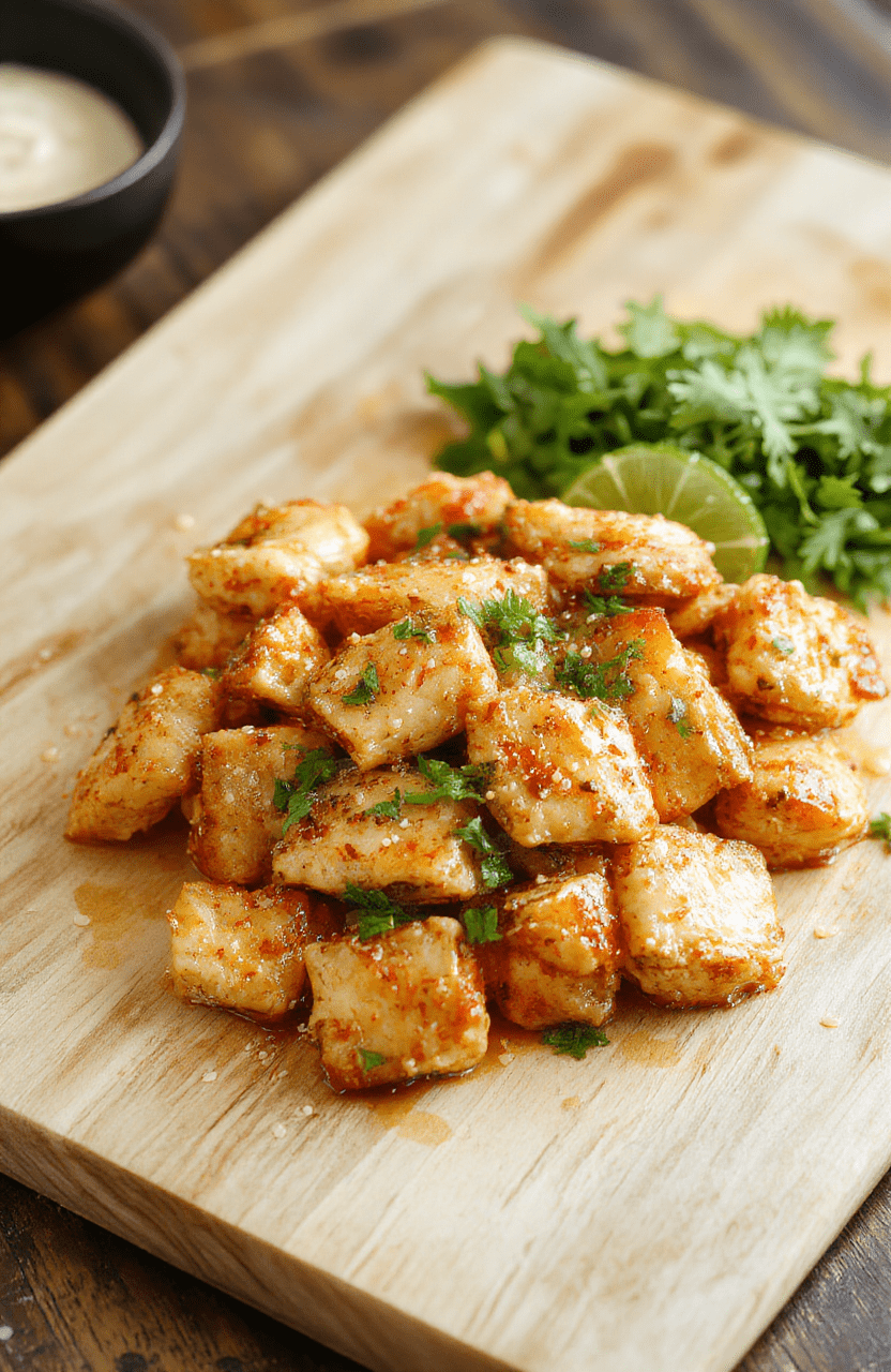 Bright yellow rice topped with glistening sesame chicken strips, roasted broccoli, and sliced scallions, garnished with toasted sesame seeds and lemon wedges, served on a rustic wooden board in natural light.