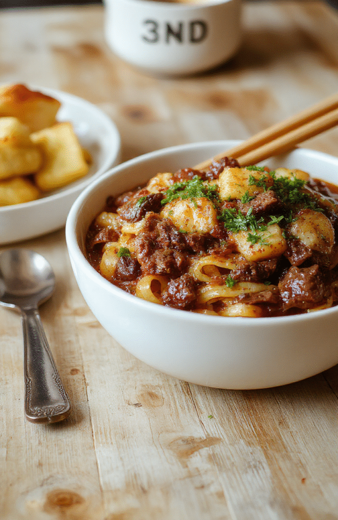 A steaming bowl of tender beef chunks and wide egg noodles in a rich brown gravy, garnished with fresh parsley and black pepper, served on a rustic wooden board with subtle textures and warm lighting.