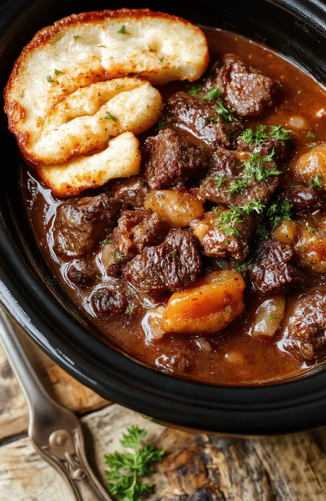 A steaming bowl of rich beef stew with tender browned beef chunks, soft carrots, pale potatoes, and red onions in a thick, savory gravy. Sprinkled with fresh parsley on top, served in a classic white ceramic bowl against a rustic wooden table