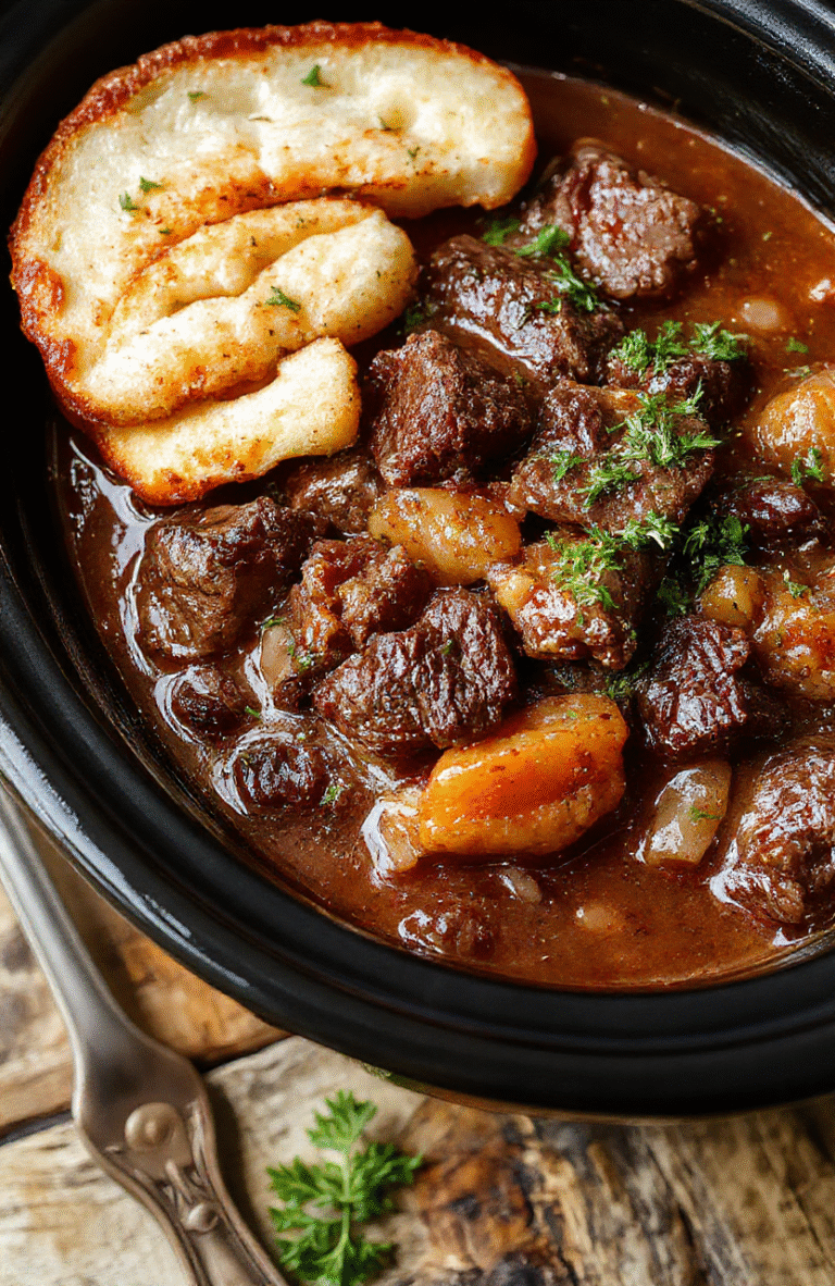 A steaming bowl of rich beef stew with tender browned beef chunks, soft carrots, pale potatoes, and red onions in a thick, savory gravy. Sprinkled with fresh parsley on top, served in a classic white ceramic bowl against a rustic wooden table