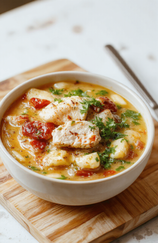 A steaming bowl of hearty chicken rice soup featuring tender shredded chicken, creamy white rice, carrots, celery, and fresh parsley suspended in a golden broth, garnished with a sprig of parsley and scattered green onions, served in a rustic white ceramic bowl on a light wooden cutting board with soft shadows and natural lighting.