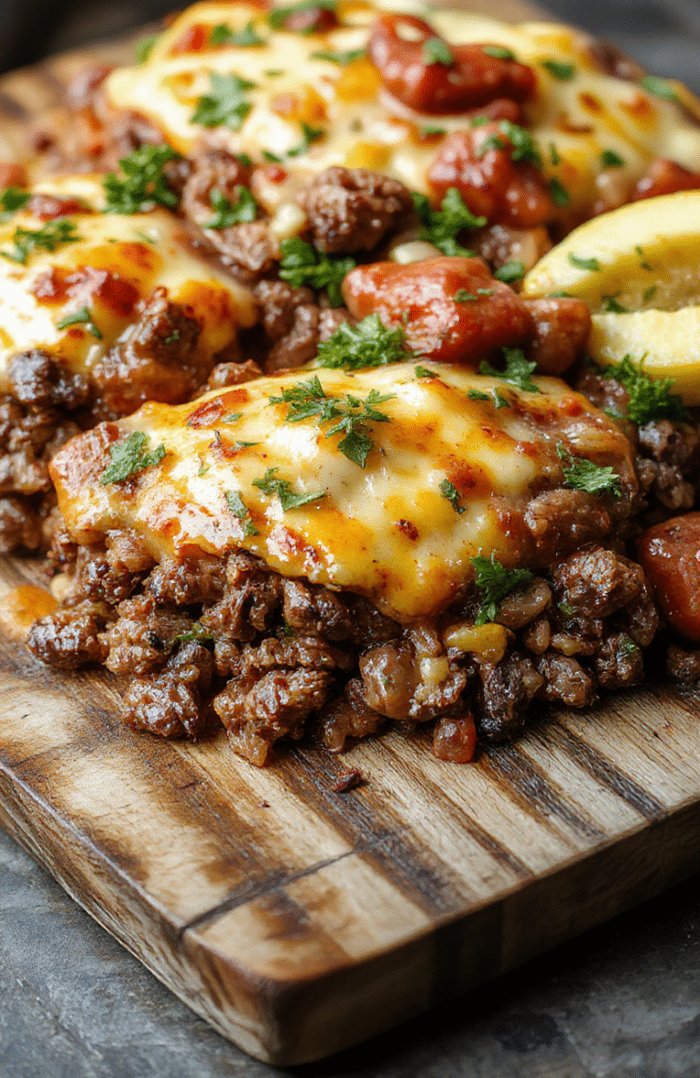 A rustic cast-iron skillet filled with golden-brown ground beef, tender diced potatoes, caramelized onions, and melty cheddar cheese, garnished with fresh parsley, steam rising from the hot dish, plated on a wooden table with soft natural light.