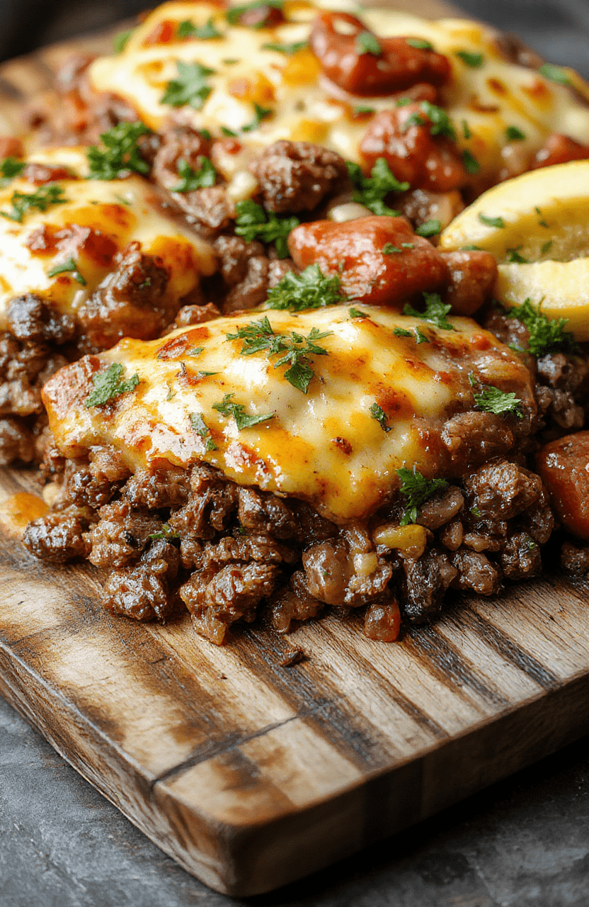 A rustic cast-iron skillet filled with golden-brown ground beef, tender diced potatoes, caramelized onions, and melty cheddar cheese, garnished with fresh parsley, steam rising from the hot dish, plated on a wooden table with soft natural light.