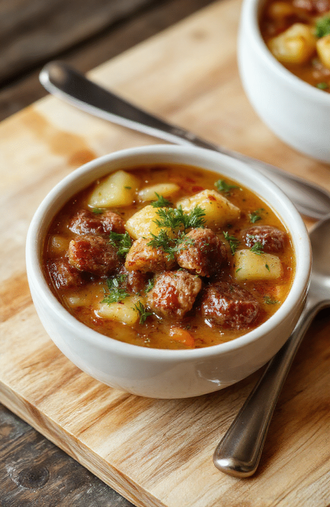 A rustic ceramic bowl filled with creamy sausage potato soup, featuring golden-brown sausage chunks, tender potato cubes, soft leeks, and flecks of green parsley, served with a drizzle of olive oil and a side of crusty sourdough bread on a warm wooden table