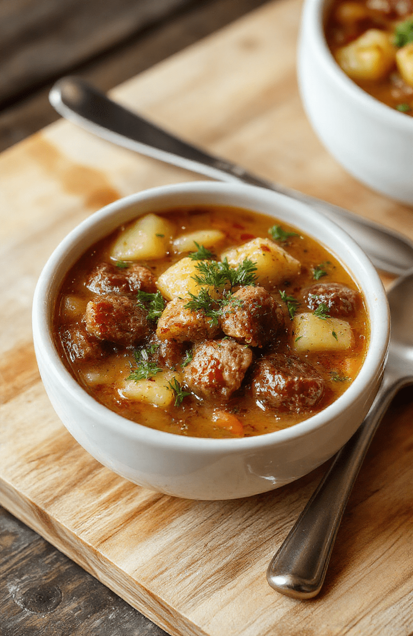 A rustic ceramic bowl filled with creamy sausage potato soup, featuring golden-brown sausage chunks, tender potato cubes, soft leeks, and flecks of green parsley, served with a drizzle of olive oil and a side of crusty sourdough bread on a warm wooden table