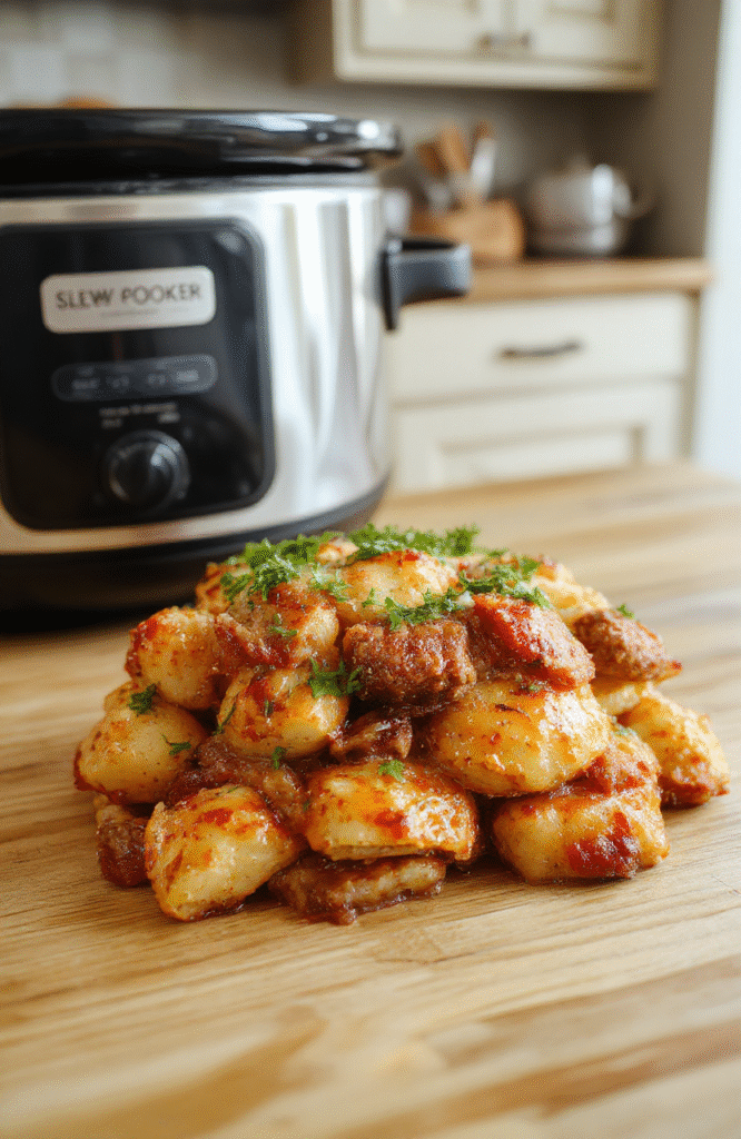 A golden-brown, bubbly cheese-topped casserole in a ceramic baking dish, layered with crispy sausage slices, tender roasted potatoes, caramelized onions, and fresh green parsley. The surface islightly cracked with melted mozzarella stretching slightly, resting on a rustic wooden table with soft natural daylight and subtle shadows.