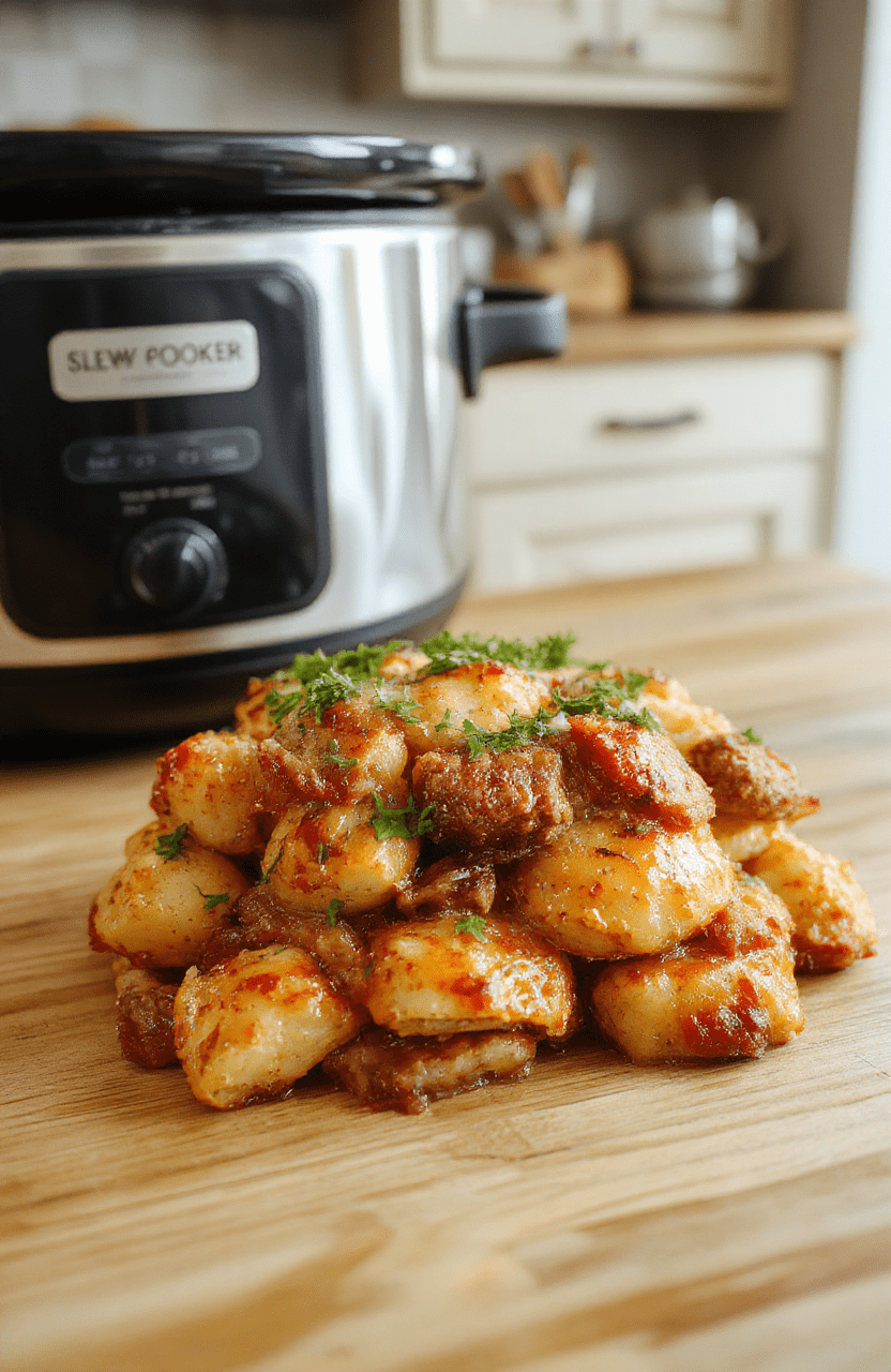 A golden-brown, bubbly cheese-topped casserole in a ceramic baking dish, layered with crispy sausage slices, tender roasted potatoes, caramelized onions, and fresh green parsley. The surface islightly cracked with melted mozzarella stretching slightly, resting on a rustic wooden table with soft natural daylight and subtle shadows.