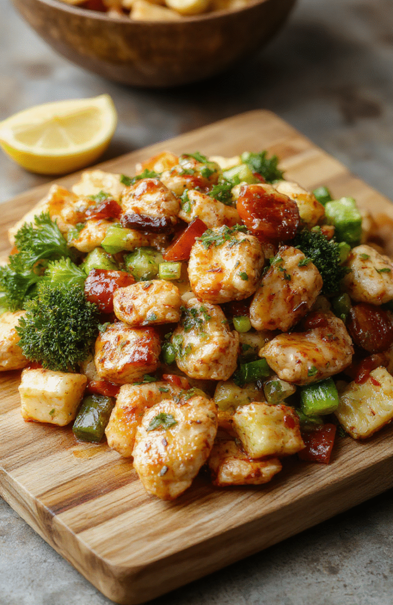 A vibrant high-protein stir-fry with tender grilled chicken strips, broccoli florets, bell peppers, and snap peas in a glossy light soy-ginger glaze, served in a white ceramic bowl against a natural wood surface. Soft自然 light highlights fresh textures and bright colors.