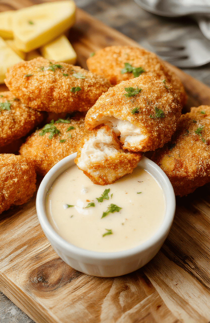 Golden-brown crispy chicken tenders arranged in a neat row on a white ceramic plate, with a side of light yellow tangy dipping sauce in a small ramekin, garnished with fresh parsley and lemon wedges. Steam rises subtly from the tenders, highlighting their crunchy exterior and juicy interior.