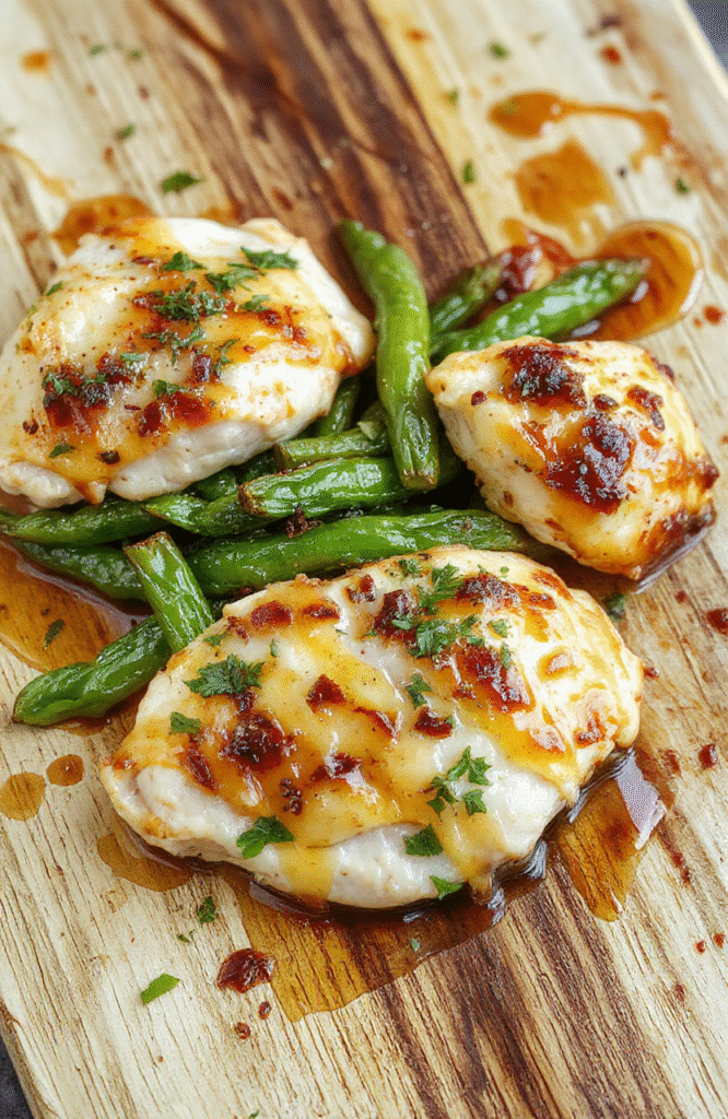 Pan-seared golden-brown chicken thighs glazed with glossy honey butter sauce, garnished with fresh parsley and roasted garlic cloves, served alongside vibrant green beans with light char marks, on a rustic white ceramic plate against a wooden table in soft natural daylight.